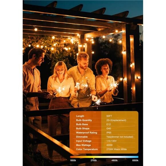 Brightown Outdoor String Lights, 50FT 25 G40 Bulbs Shatterproof Patio Lights - Picture 2 of 7